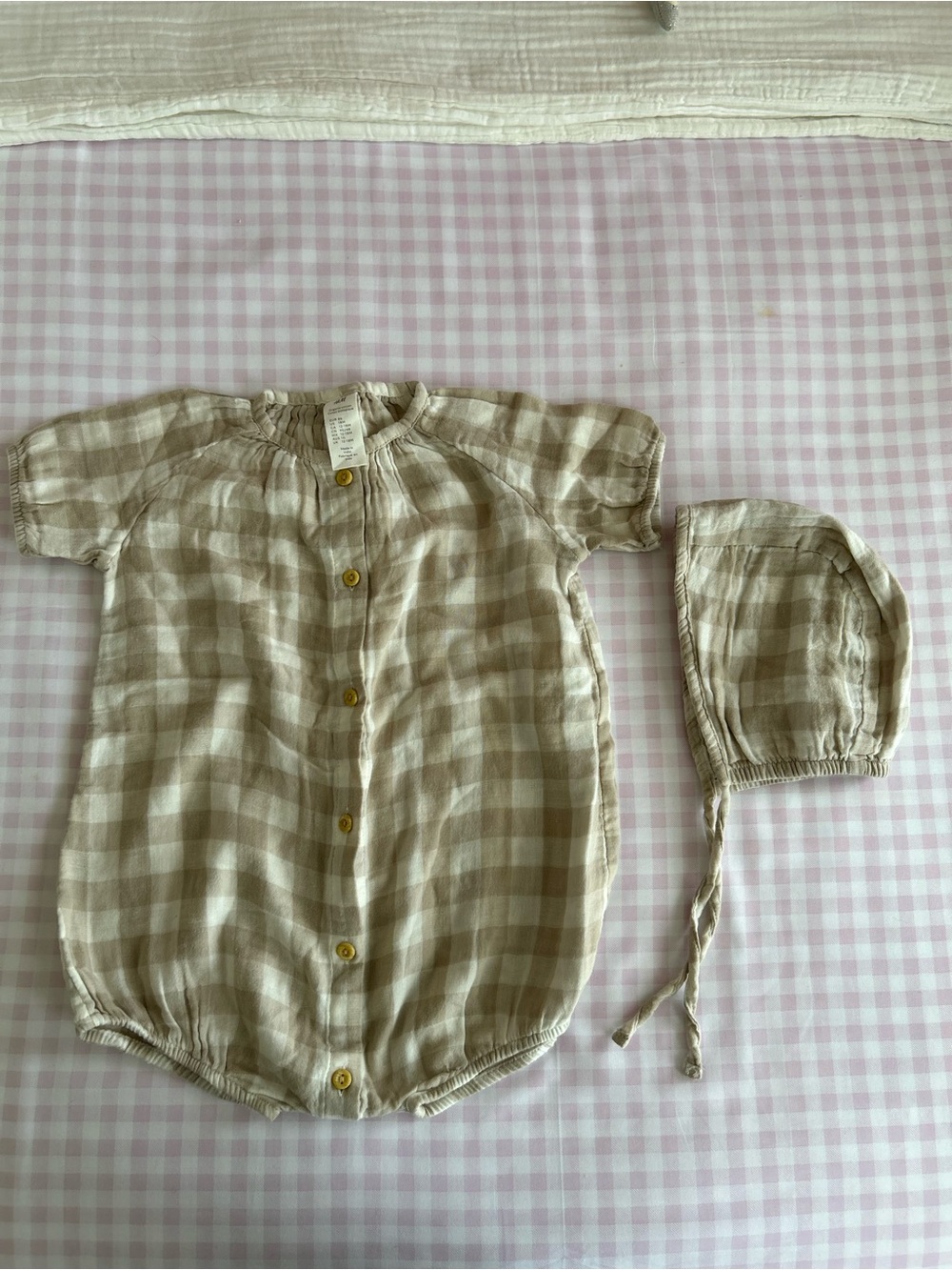 H&M Beige Plaid Button-Front Baby Romper with Bonnet